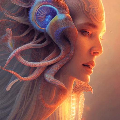 AI generated: Goddess close-up portrait ribcagel. jellyfish phoenix head, nautilus, orchid, skull, betta fish, bio...
