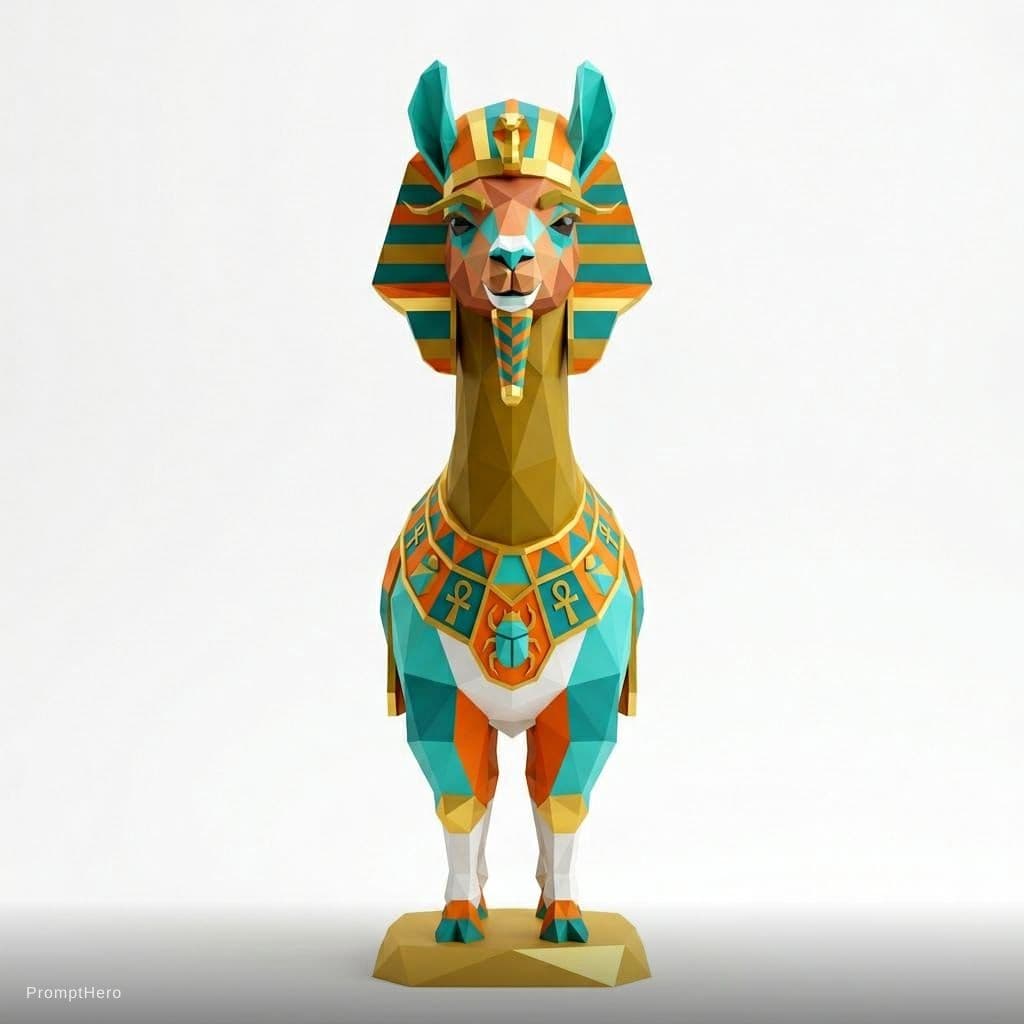 AI generated: A stunningly crafted golden runway low-poly sculpture of an Egyptiancleoptralike llama empress phara...
