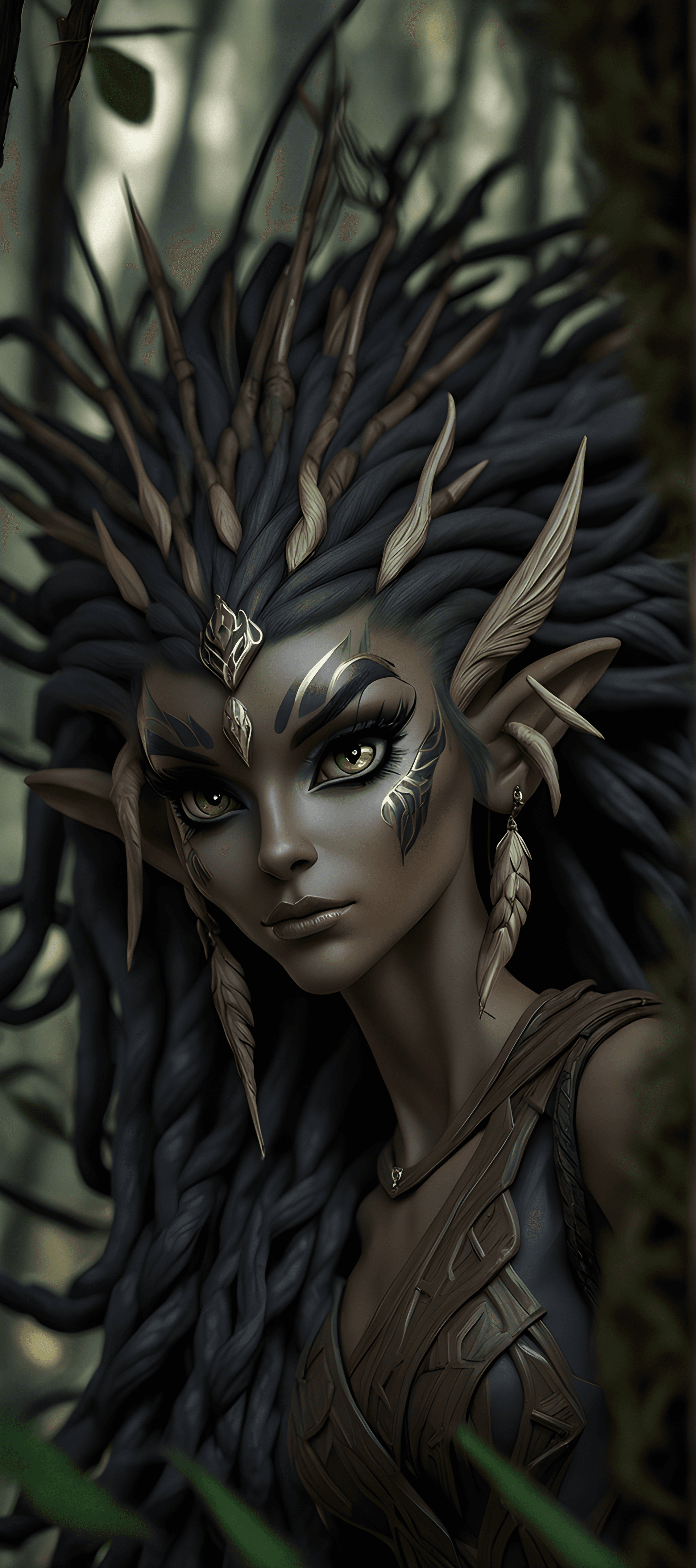 AI generated: Massive detailed animated masterpiece of DnD race wood elf, jungle huntress lady full body, very lon...