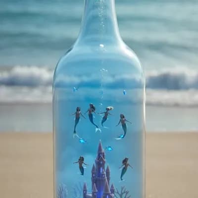 AI generated video: Hidden underwater kingdom inside a glass bottle on the beach, tiny glowing coral castles, miniature ...