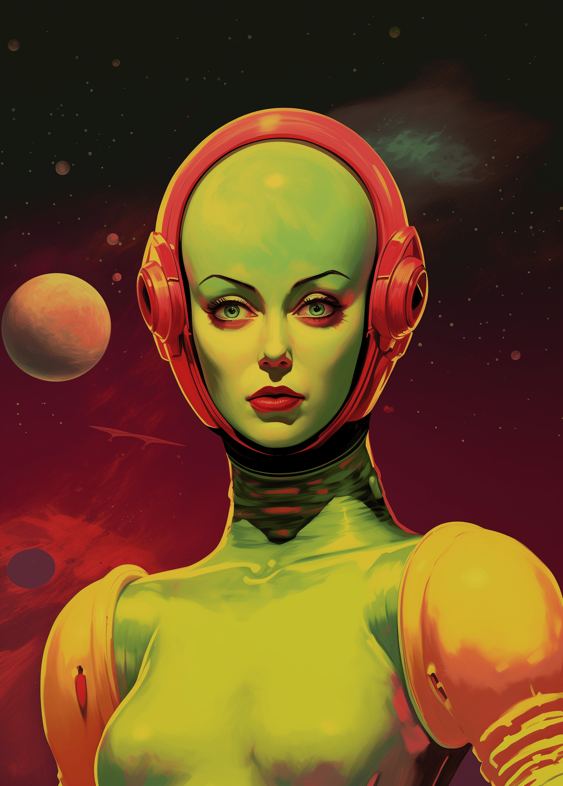 AI generated: A woman in space without her helmet on, holding an alien planet and wearing futuristic, vintage illu...