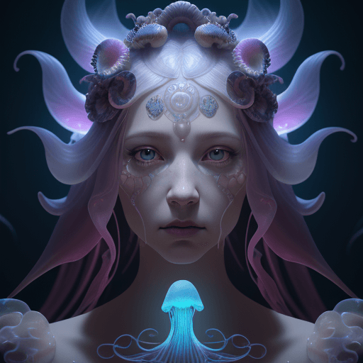 AI generated: Goddess close-up portrait ribcagel. jellyfish phoenix head, nautilus, orchid, skull, betta fish, bio...