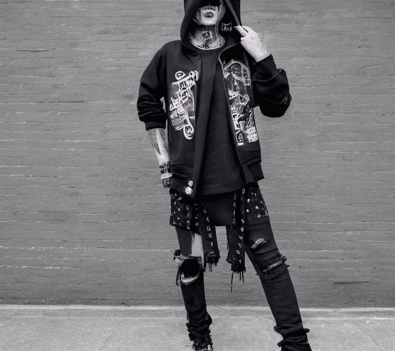 AI generated: Hyper realistic eye level full-body photo of a male clothing brand model, outfit style blends punk g...