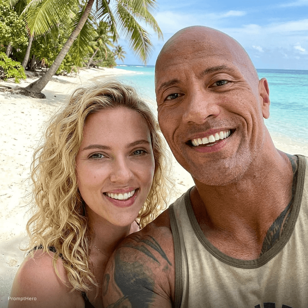 AI generated: with Dwayne Johnson at a tropical beach, sunny day, both smiling