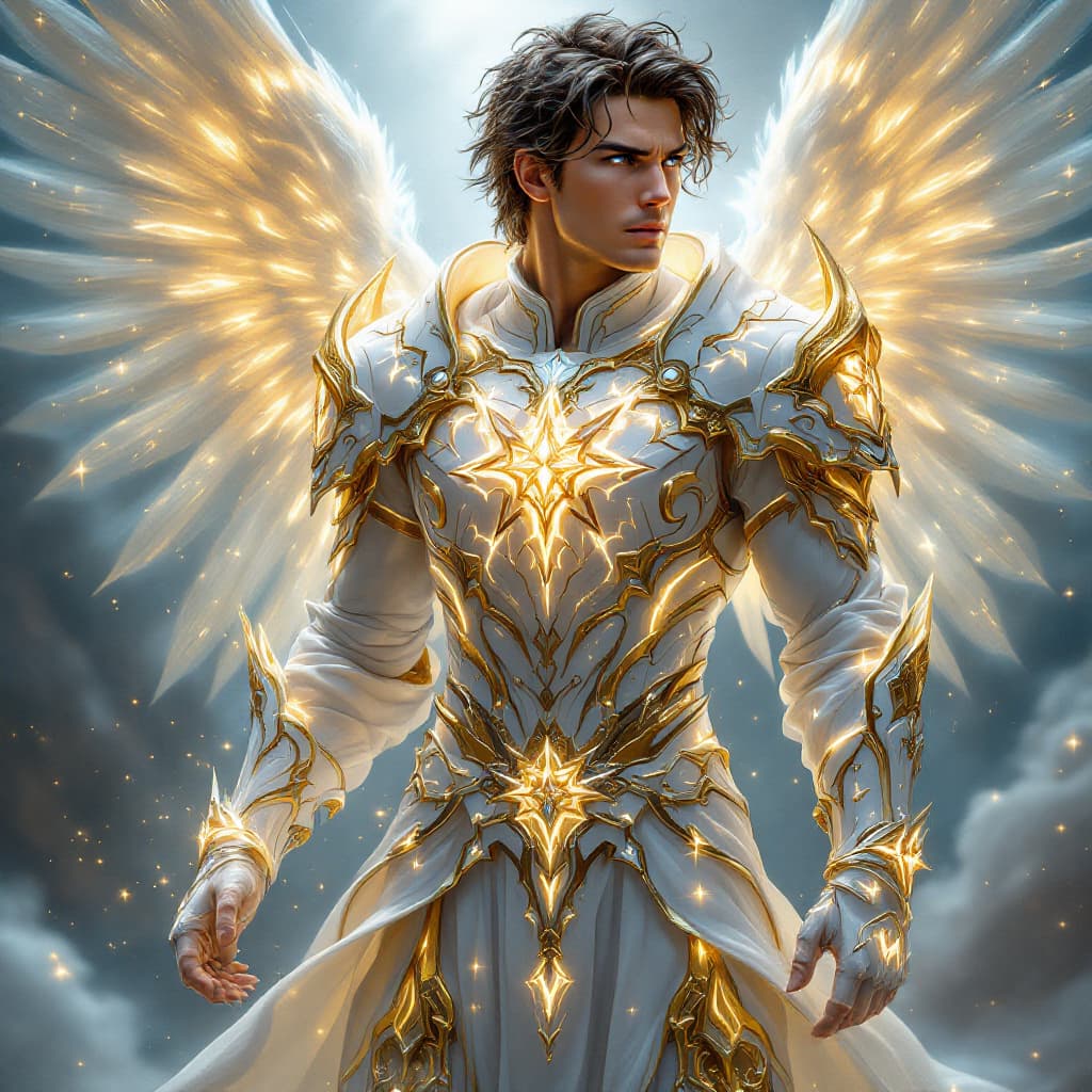 AI generated: An ultra-realistic, full-body portrait of a captivating celestial paladin man, radiating divine powe...
