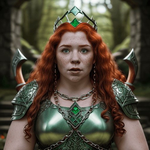 AI generated: Hyper realistic dwarven queen, fantasy character portrait, curly red hair, pale skin, middle aged, f...
