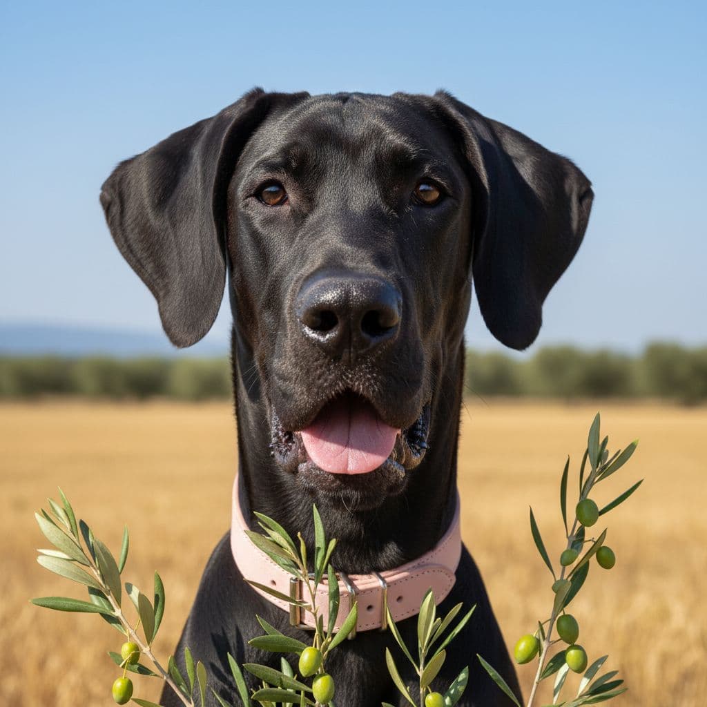 AI generated:  dog, black, Great Dane, younger, slender, floppy ears, pink collar, face only, mouth open slightly ...