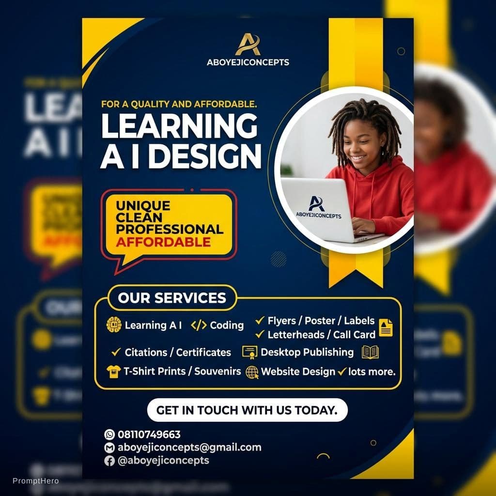 AI generated: Create a modern and professional Learning A I and Design flyer with a dark blue gradient background ...