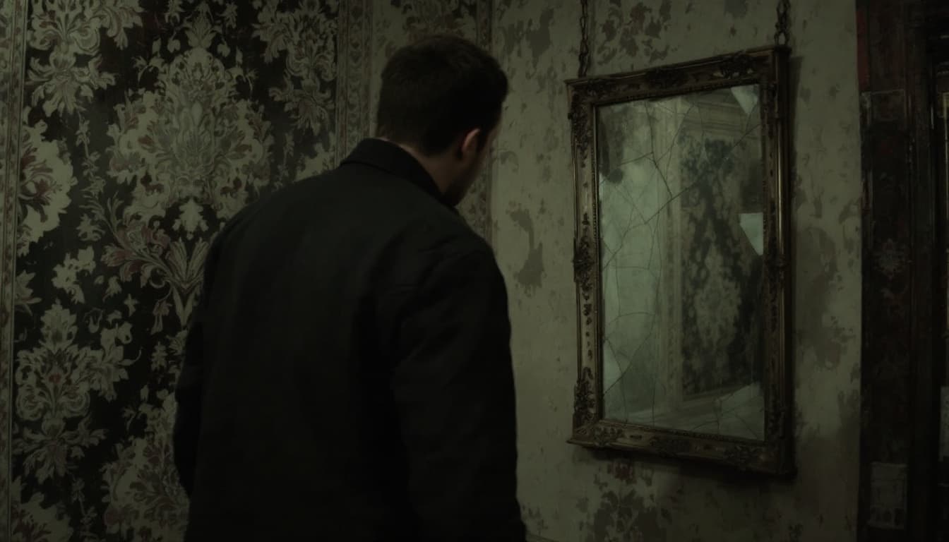 AI generated: Shot 3: Medium shot - Sam stands, walks toward an old cracked mirror in the corner.
Prompt: "Medium ...