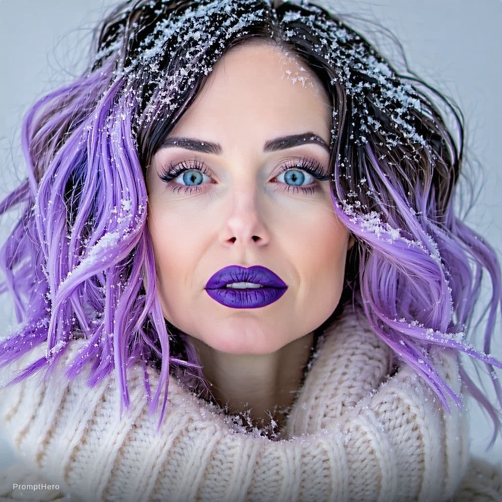 AI generated: A close-up portrait of a person with wavy, lavender purple hair dusted with snowflakes, piercing blu...