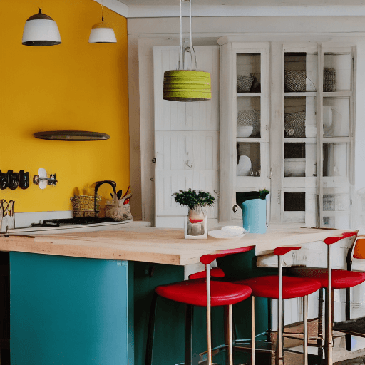 AI generated: high resolution photography interior design, modern retro kitchen with island, conversation pit, woo...
