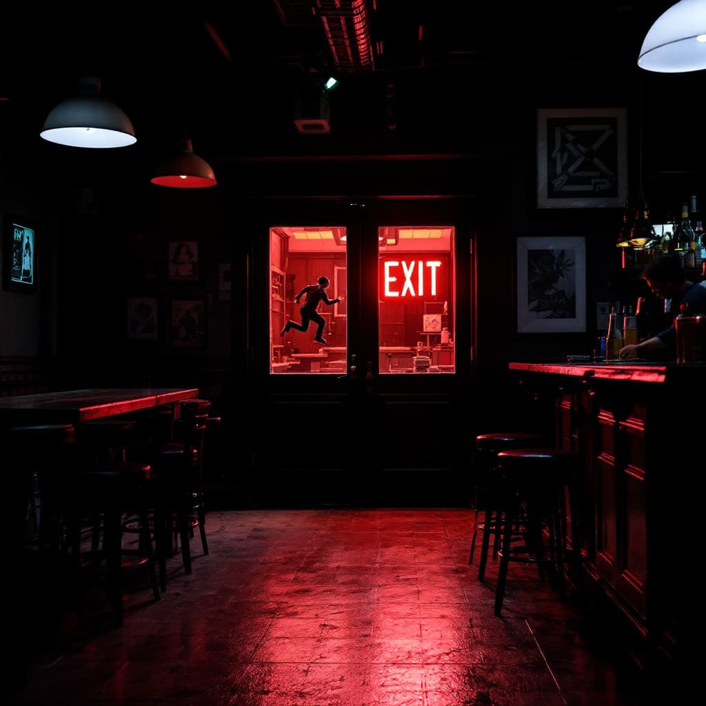 AI generated: exit sign lit up over the exit doors,  a bartender putting the stools upside down on tables.