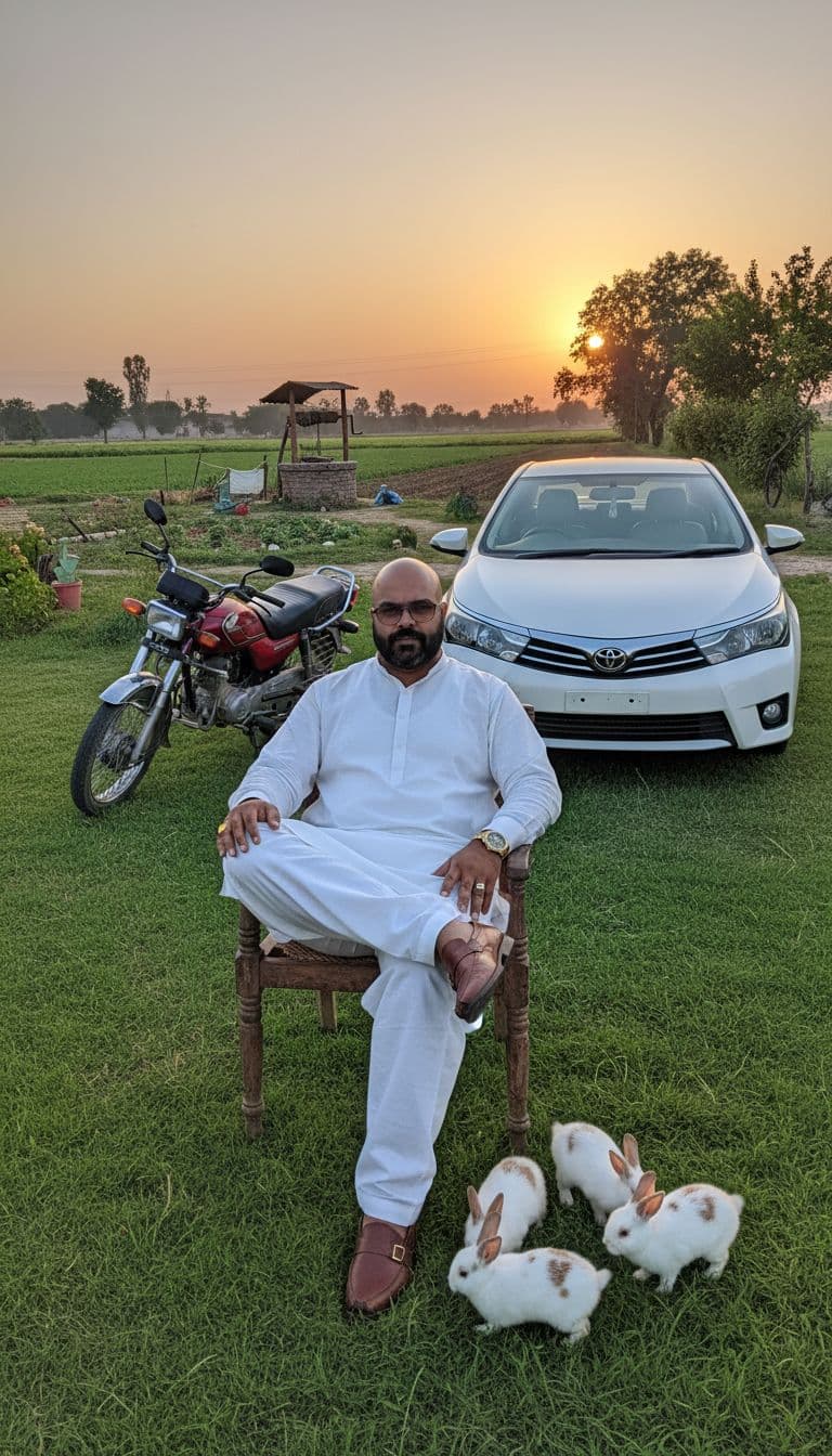 AI generated: A ultra Realistic man Sitting on chair in green
garden very big, Wearing White Punjabi clothes
wit...