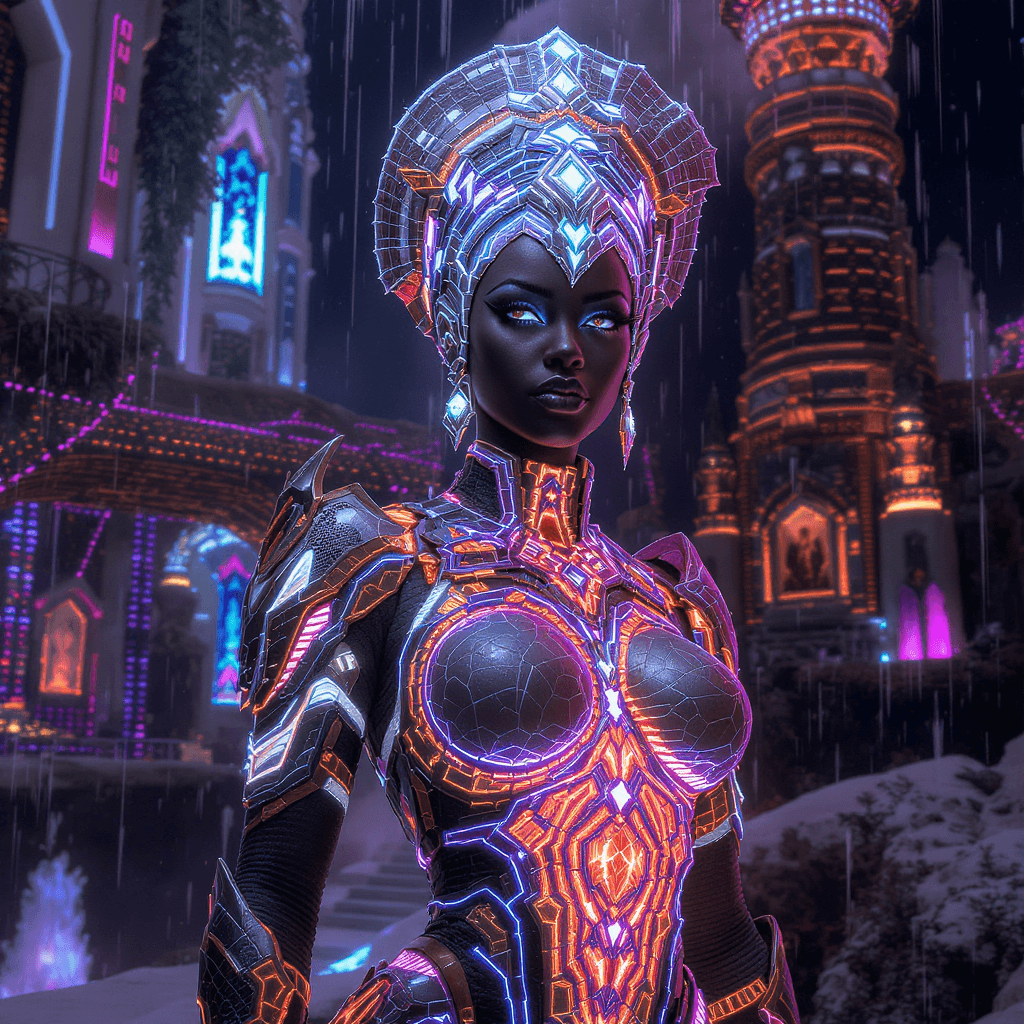 AI generated: “holographic vibranium armor, vibranium energy core”: “Elite Afrofuturist warrior queen in holograph...