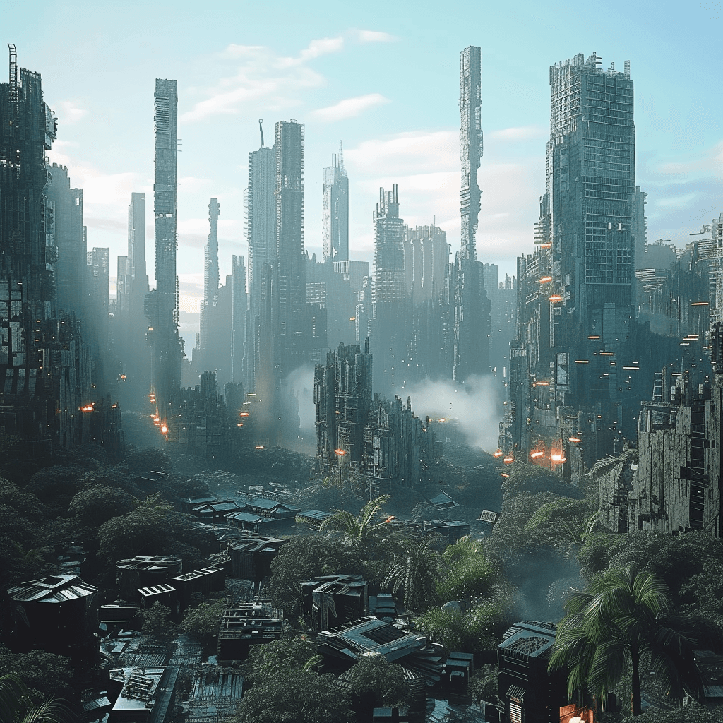 AI generated: Post-apocalyptic jungle with bio-mechanical flora and fauna, cinematic, 4k, epic Steven Spielberg mo...