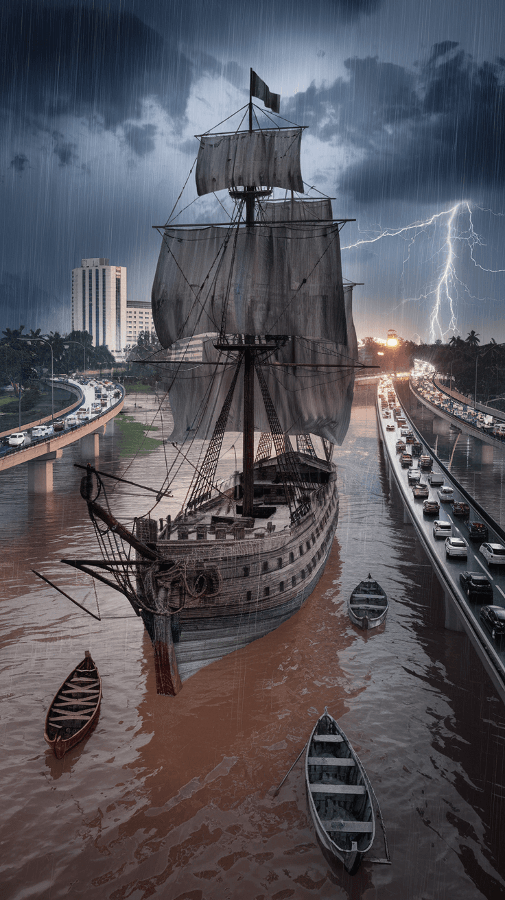 AI generated: Create a hyper-realistic bird’s-eye view of a 16th-century pirate ship stranded in the middle of a f...