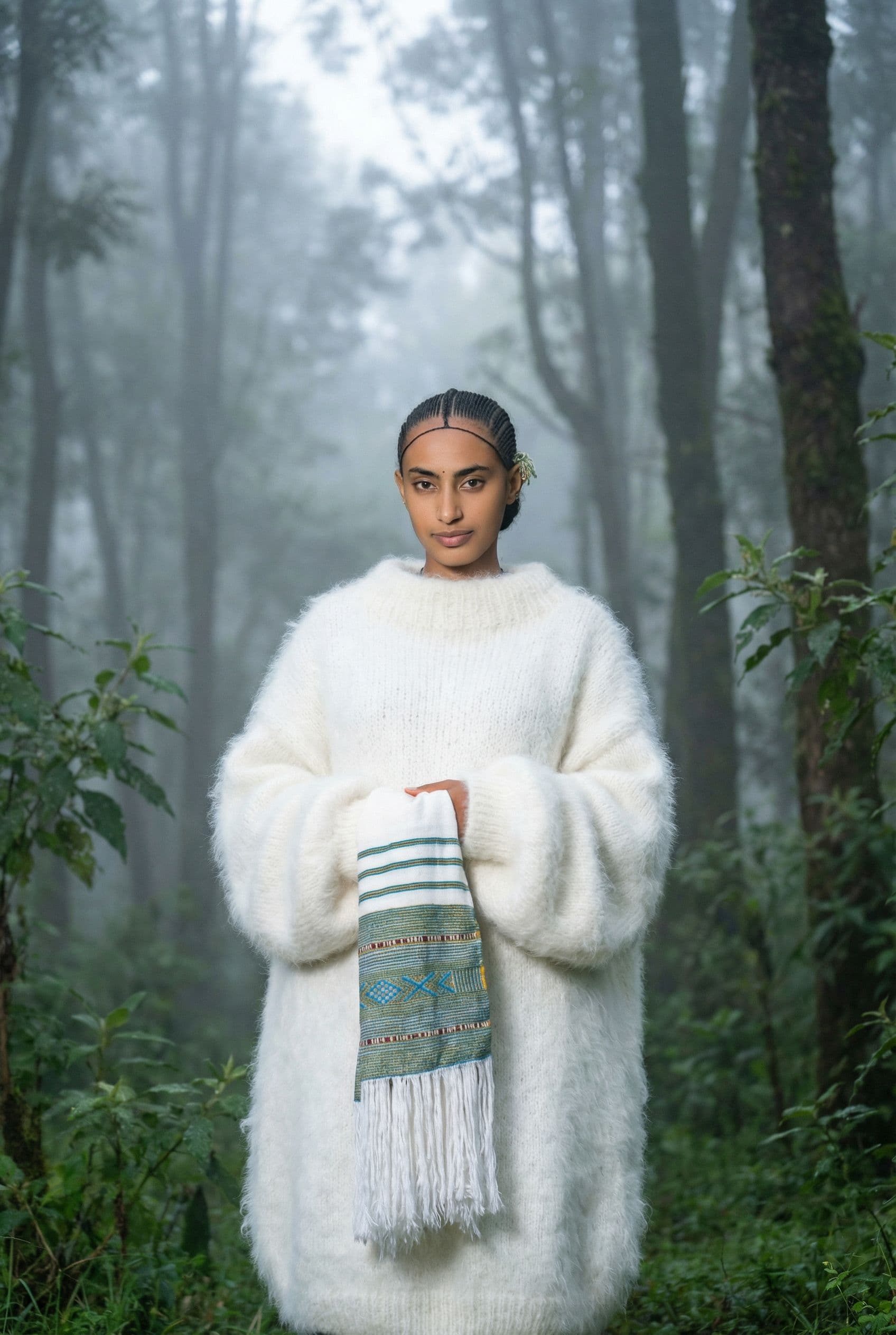AI generated: photography, model in full-body shot, gaze, front central view, giant knit sweater, pure white angor...