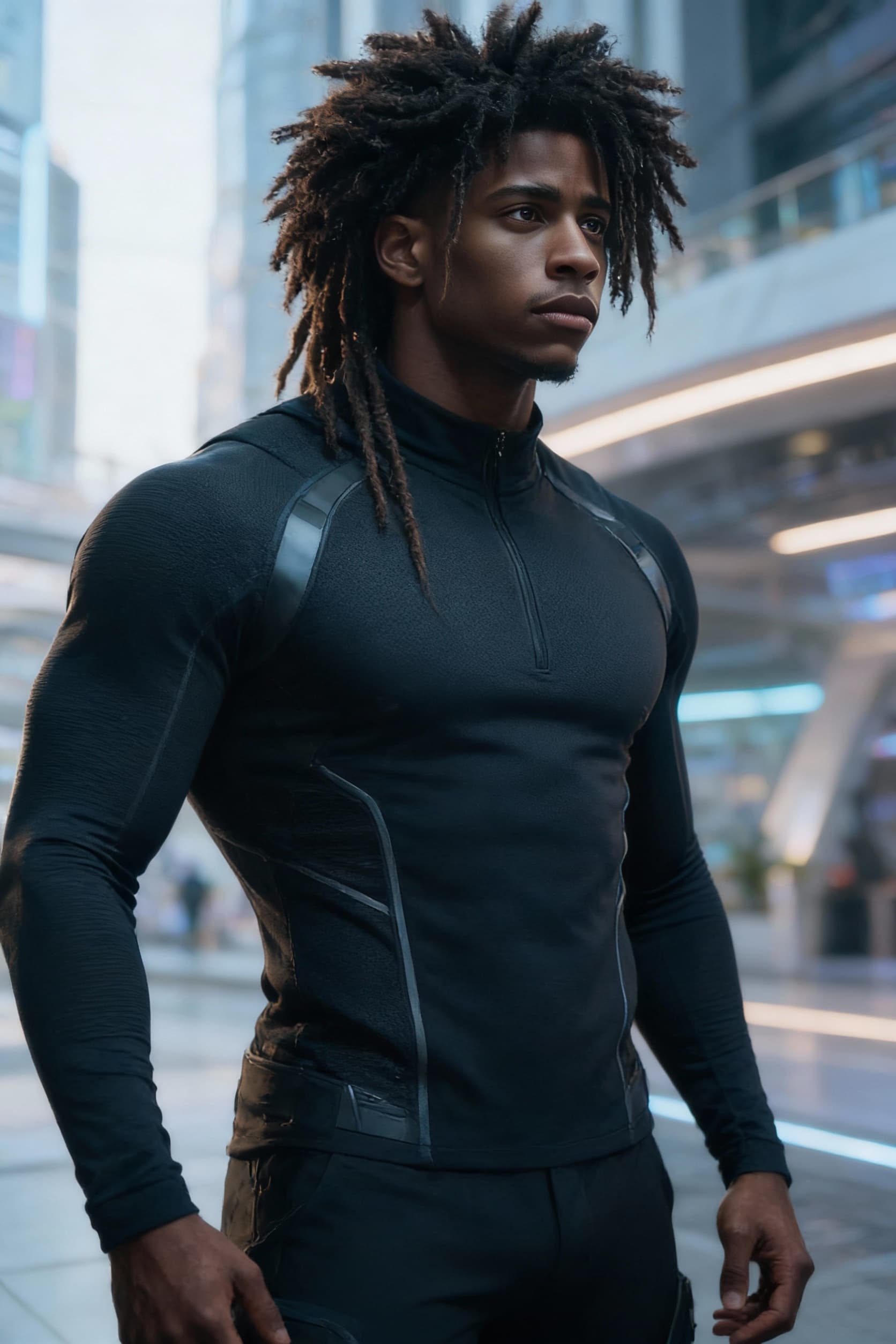 AI generated: Create a new image of the reference character: this AI Black male (Izuku) character operative, Aethe...