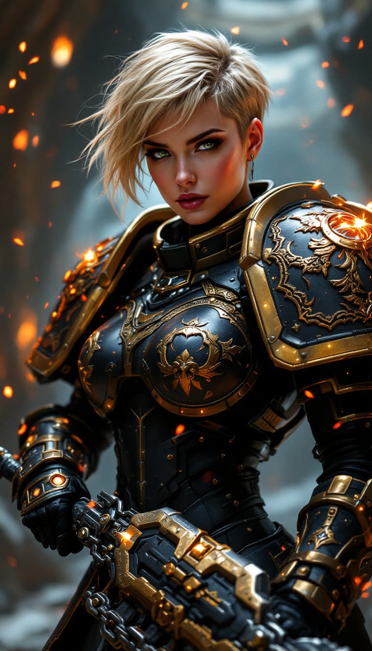AI generated: A dynamic angle, full-body view, realistic portrait of a female space marine, her blonde hair styled...