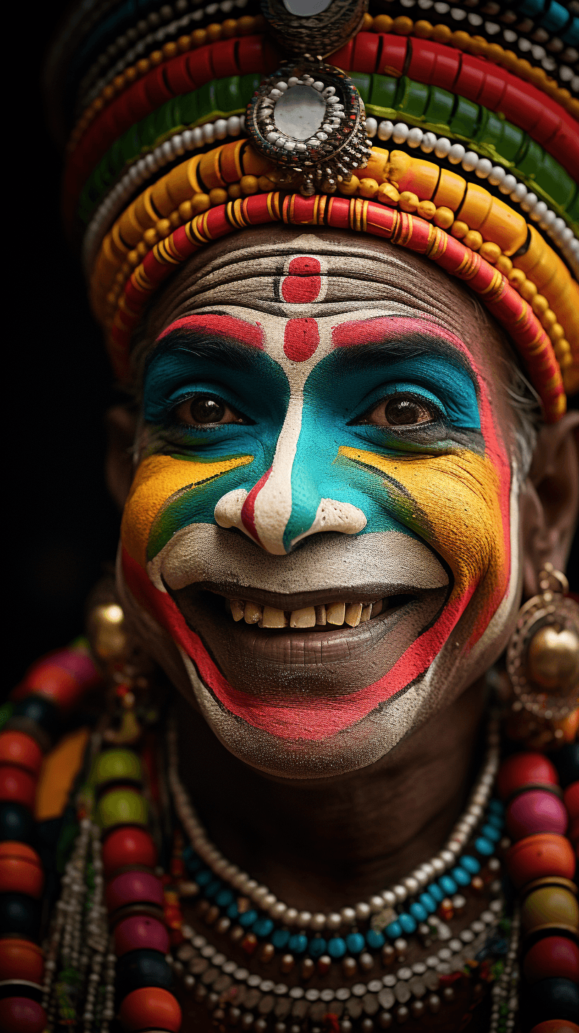AI generated: a kathakali dancer from india with beautiful and vibrant colors makeup and expressive eyes, a soul-s...