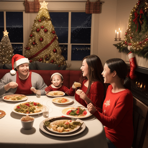 AI generated: A family enjoy a meal on Christmas night
