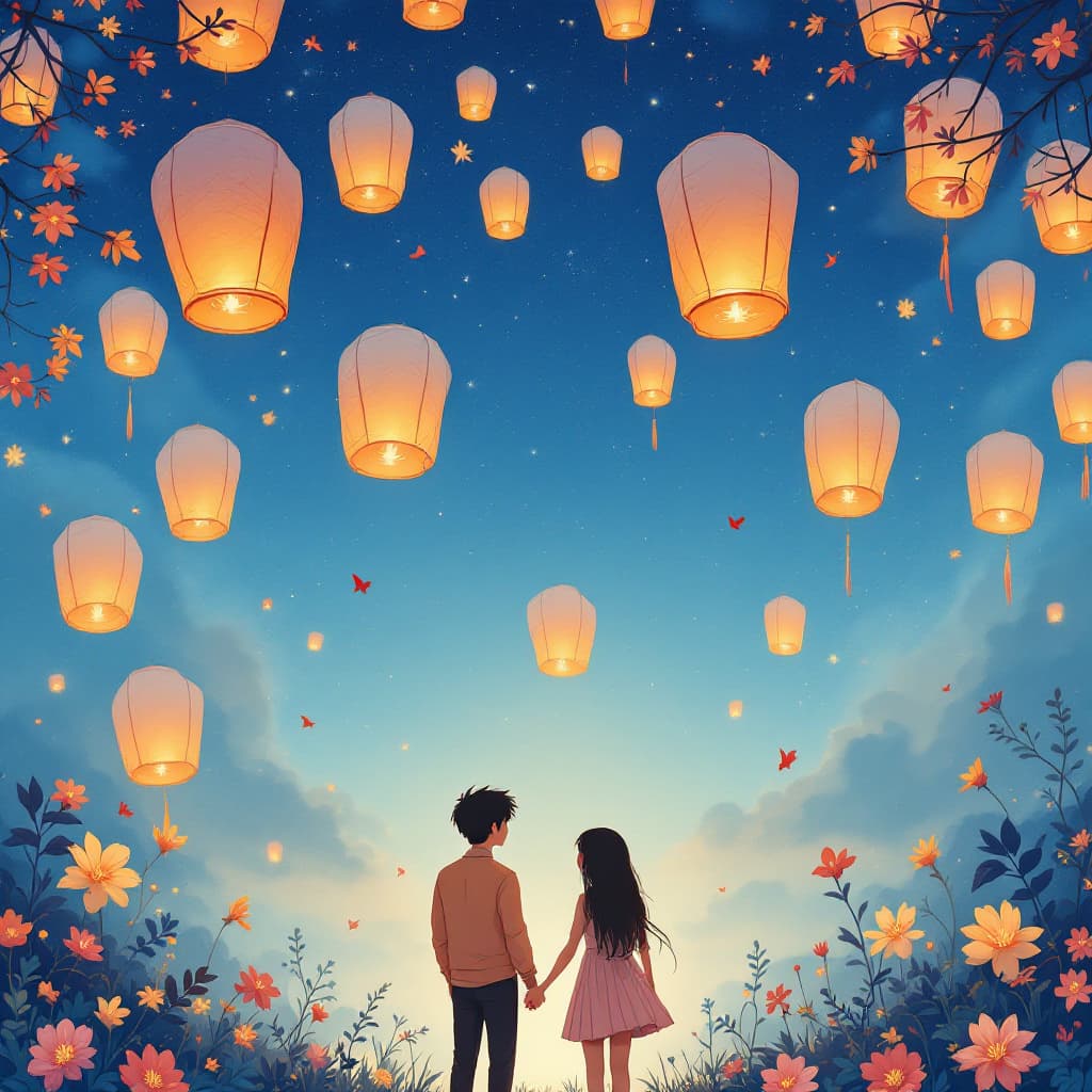 AI generated: Deep blue ((sky)), ((orange)), Kongming lanterns flying in the sky, late at night girl and boy in lo...
