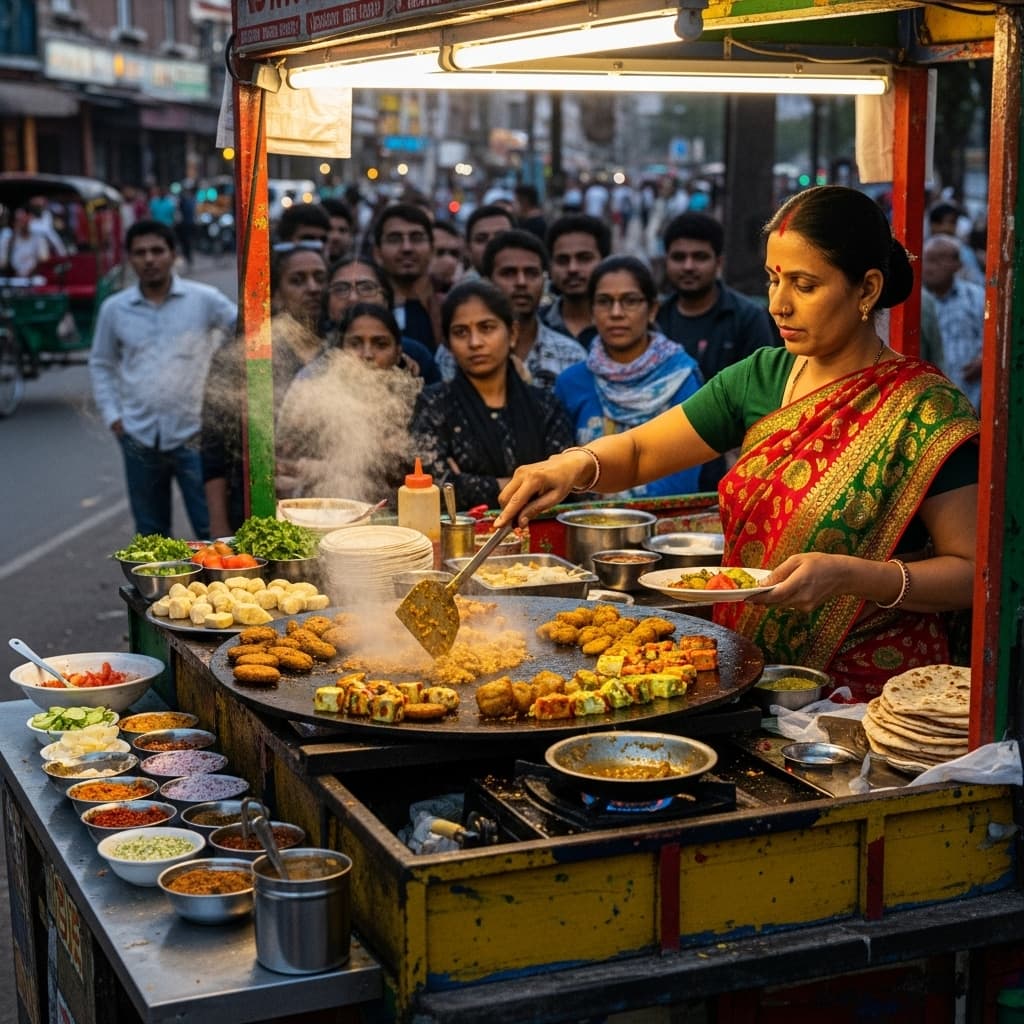 AI generated: Indian woman cooking street food in traditional saree