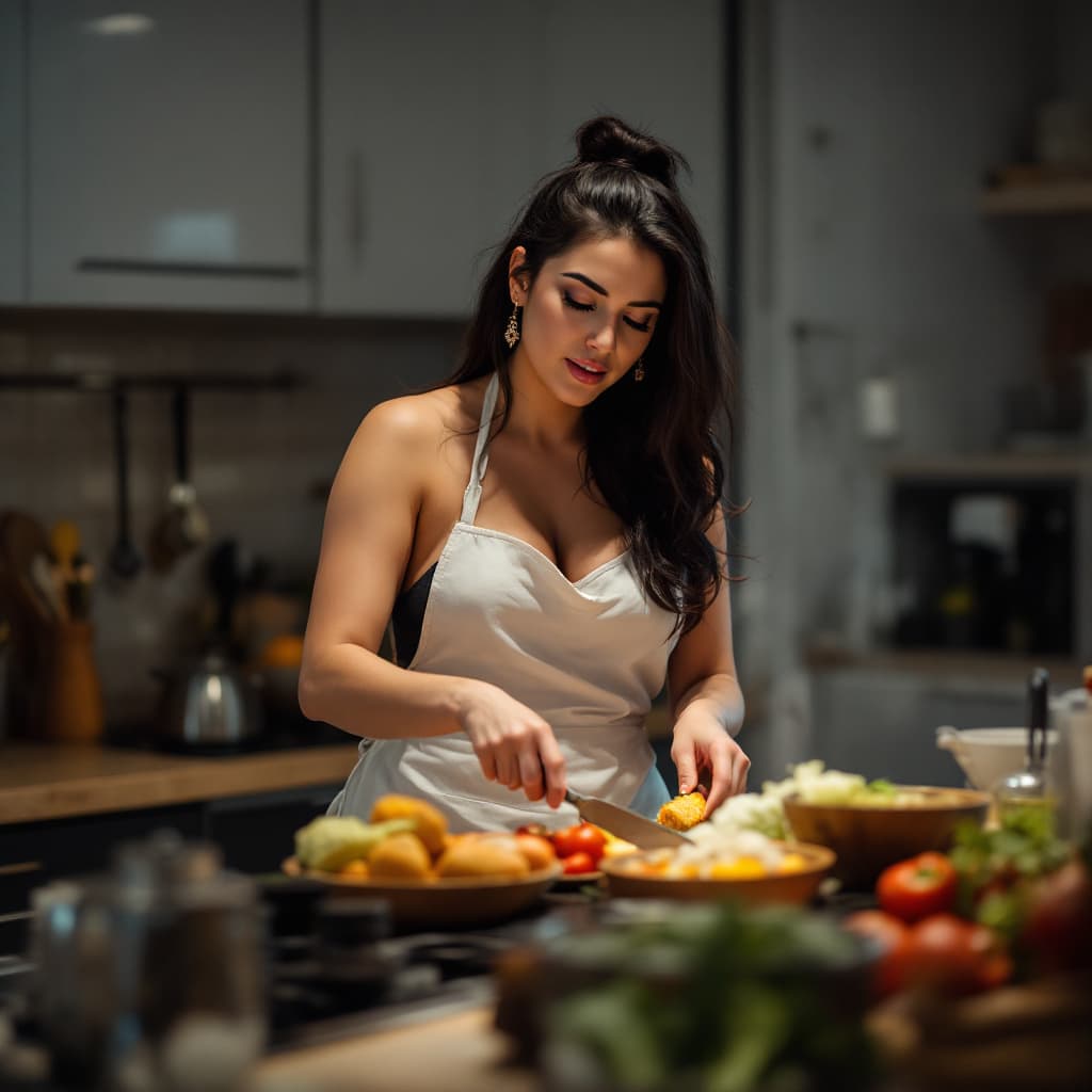 AI generated: female,angelawhite, a wife cooking dinner ,wearing nothing but a small apron , (edge lighting:0.5) <...