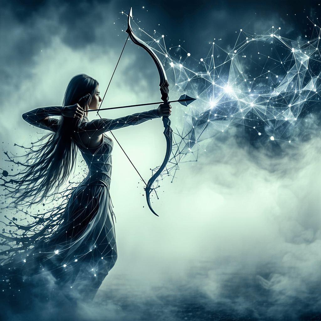 AI generated: An elven archer, her form dissolving into a series of shifting geometric patterns that seem to be bo...
