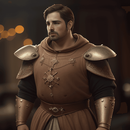 AI generated: cinematic film still awardwinning photo cute stocky snooty brown mole, rust, epic, wearing medivel r...