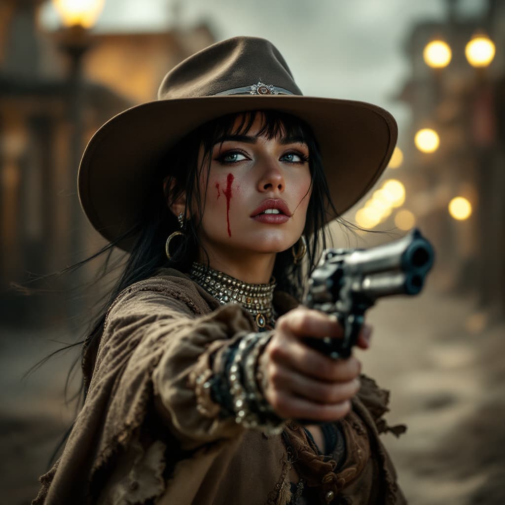 AI generated: HD hyper realistic zoomed out photo of beautiful, female equivalent of Clint Eastwoods man with no n...