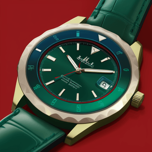 AI generated: Single wristwatch, lying flat from left to right, with a green band, blue bezel, red dial; watch is ...