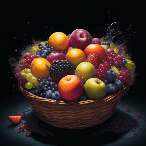 AI generated: a basket of colorful fruits, with extreme contrast, extreme details, explode with huge particles spl...