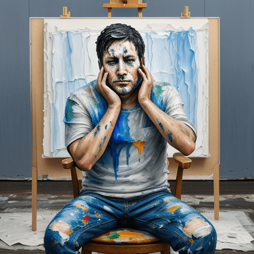 AI generated: painting of sad man sitting on chair, eyes are teary, holding face, pallet knife painted, thick text...