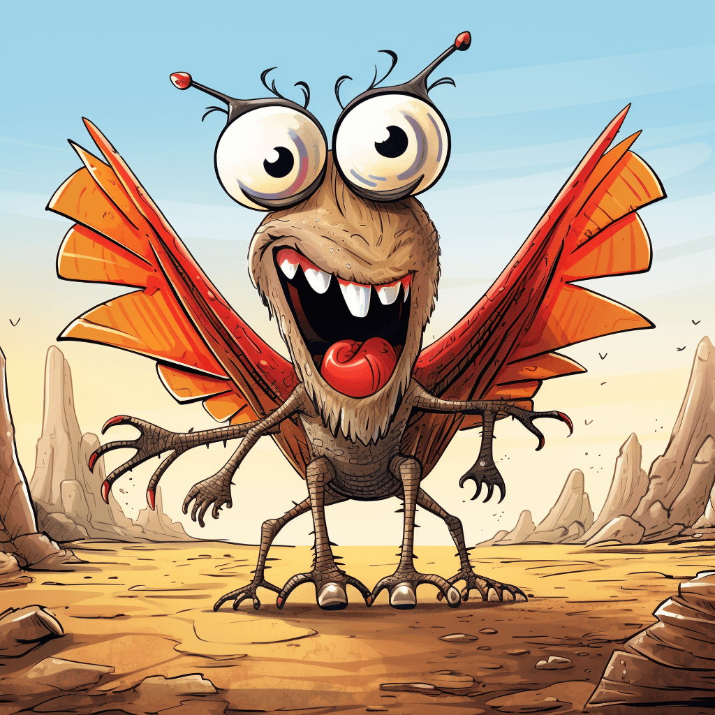 AI generated:  cartoon of a colorful creature, big eyes and big teeth, big wings, light bronze and red schema, roc...
