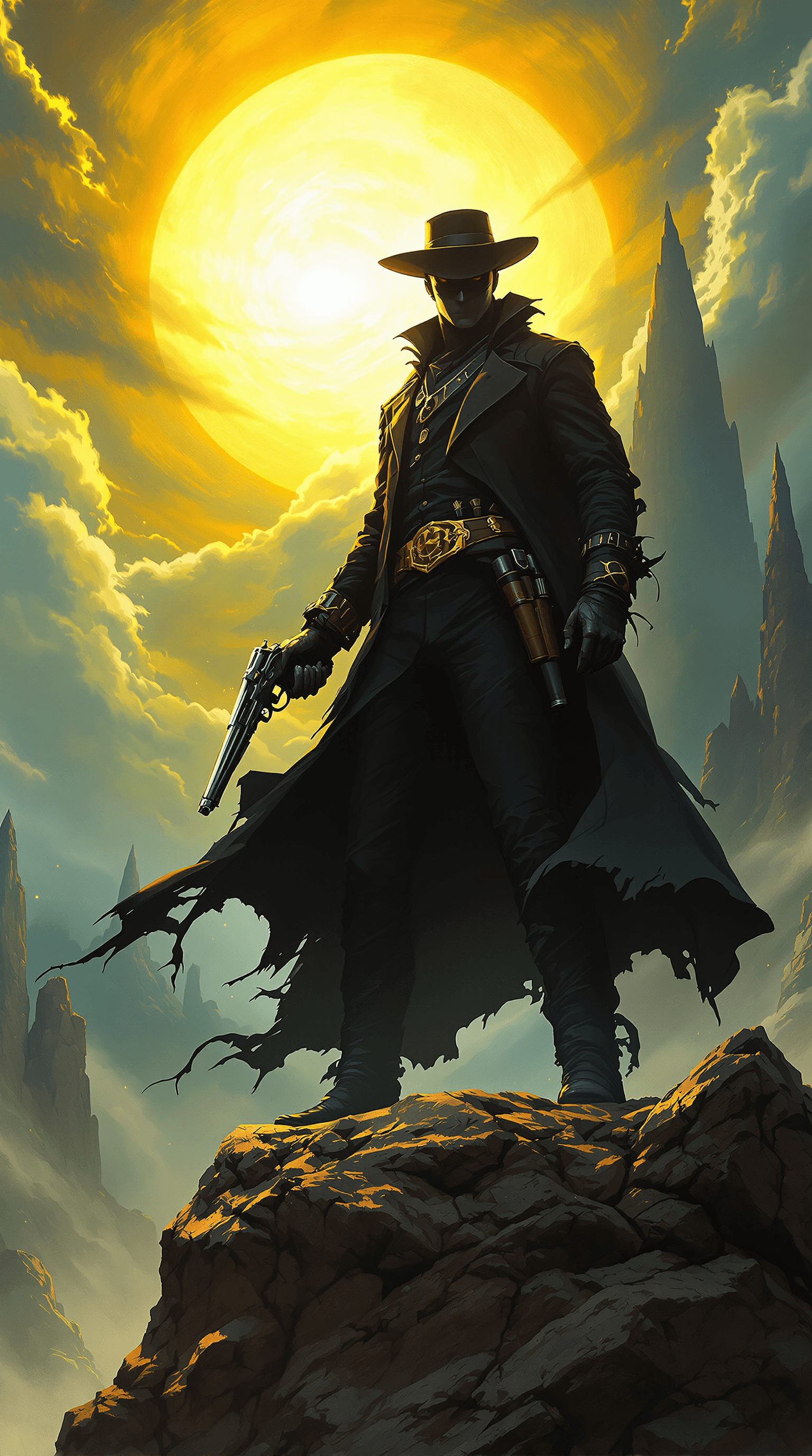 AI generated: A dynamic and heroic depiction of a dark gunslinger standing atop a rocky outcrop, framed by an inte...