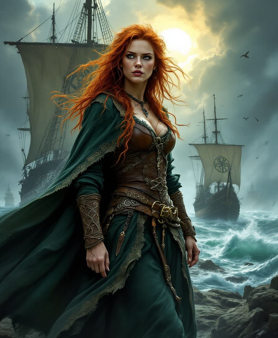 AI generated: Gráinne O'Malley, the legendary Irish pirate queen, stands defiantly at her rugged sea port, her sta...