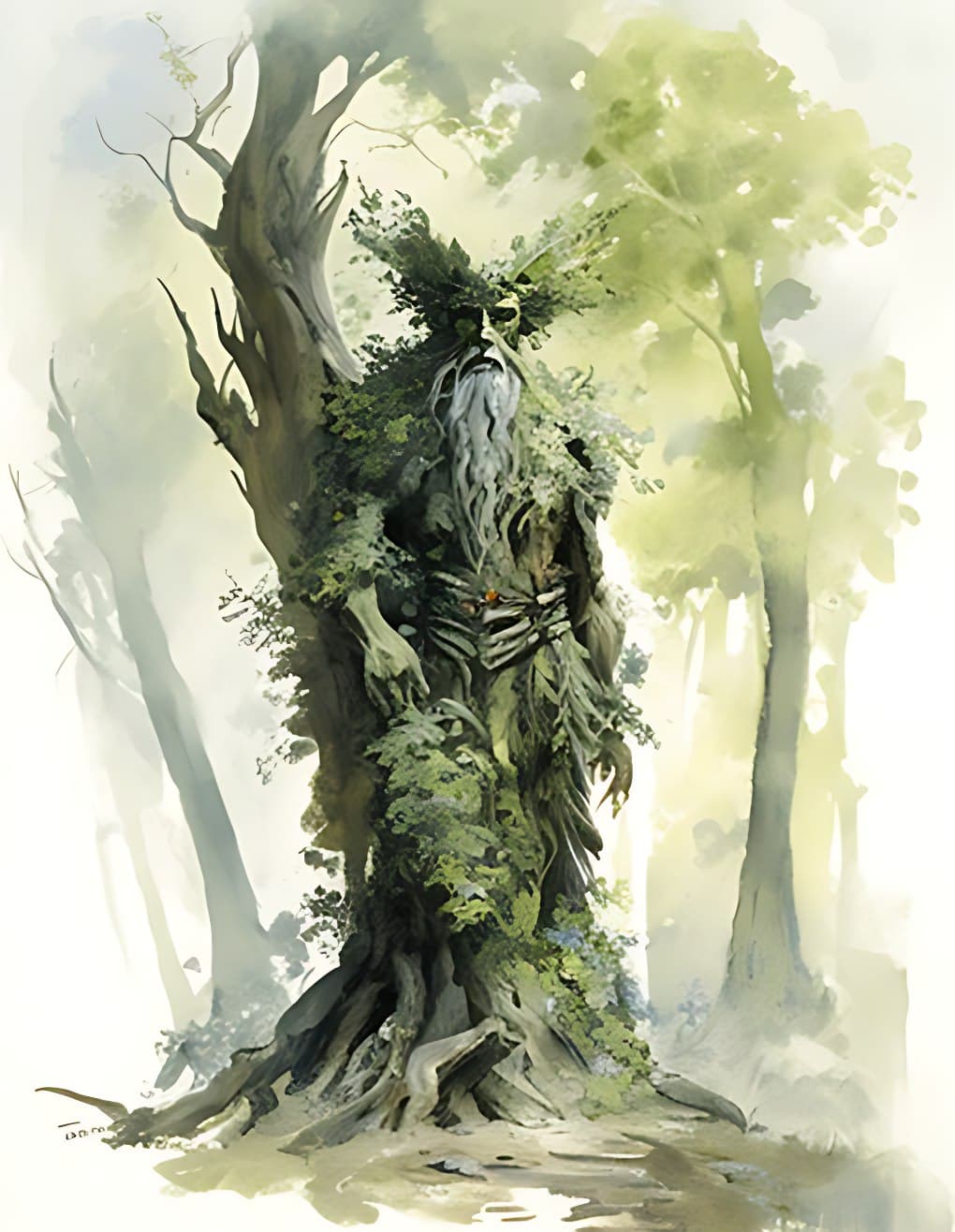 AI generated: full length watercolour painting, sketch, kind elder willow stump monster with foliage in the forest...