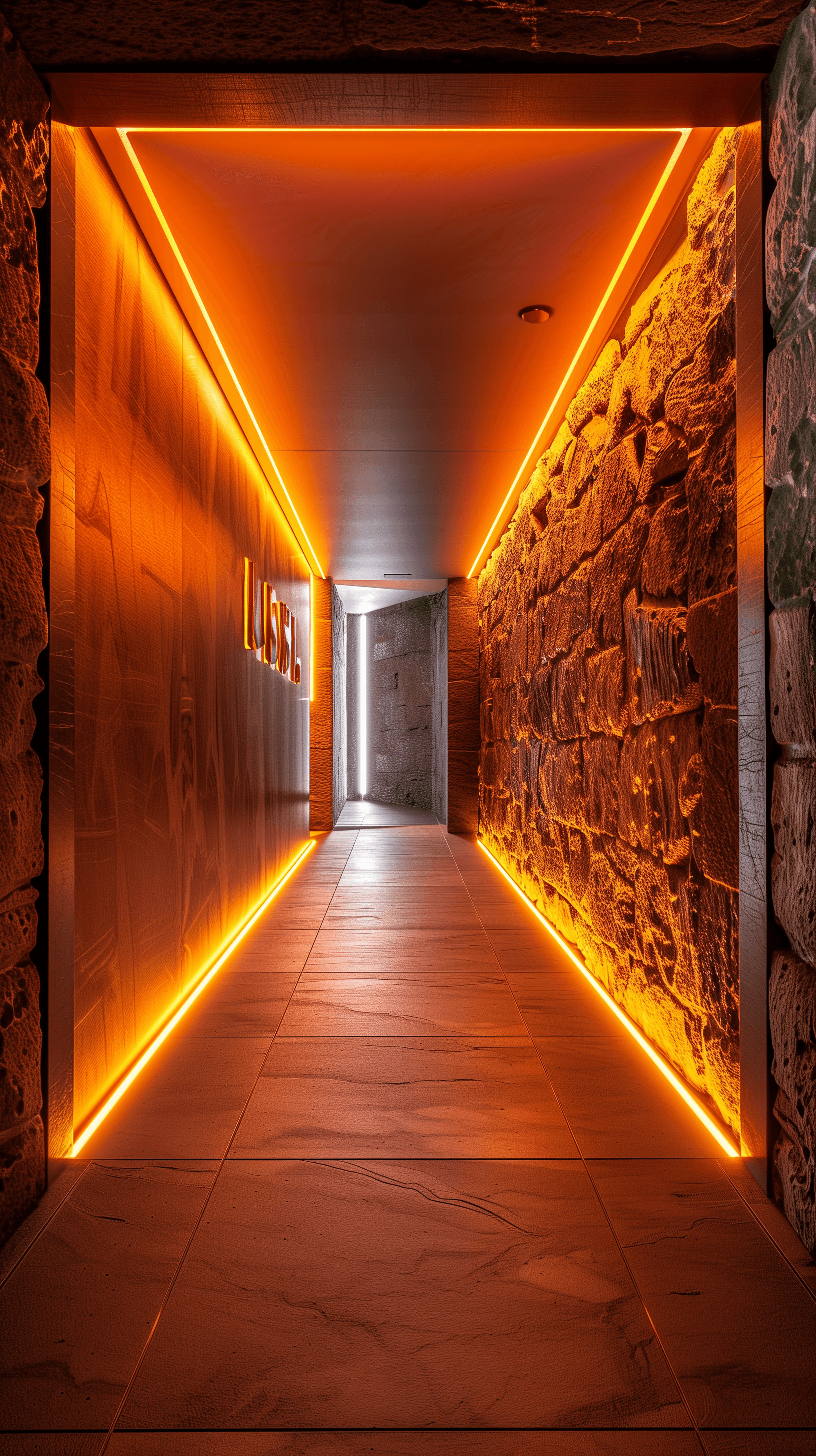 AI generated: architectural photography, envision a corridor glowing with a serene orange light that bathes the sp...
