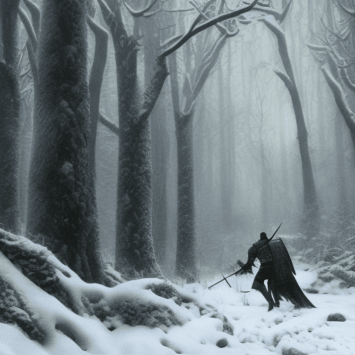 AI generated: "A highly detailed illustration of a medieval knight trudging through a fierce snowstorm in a dense,...