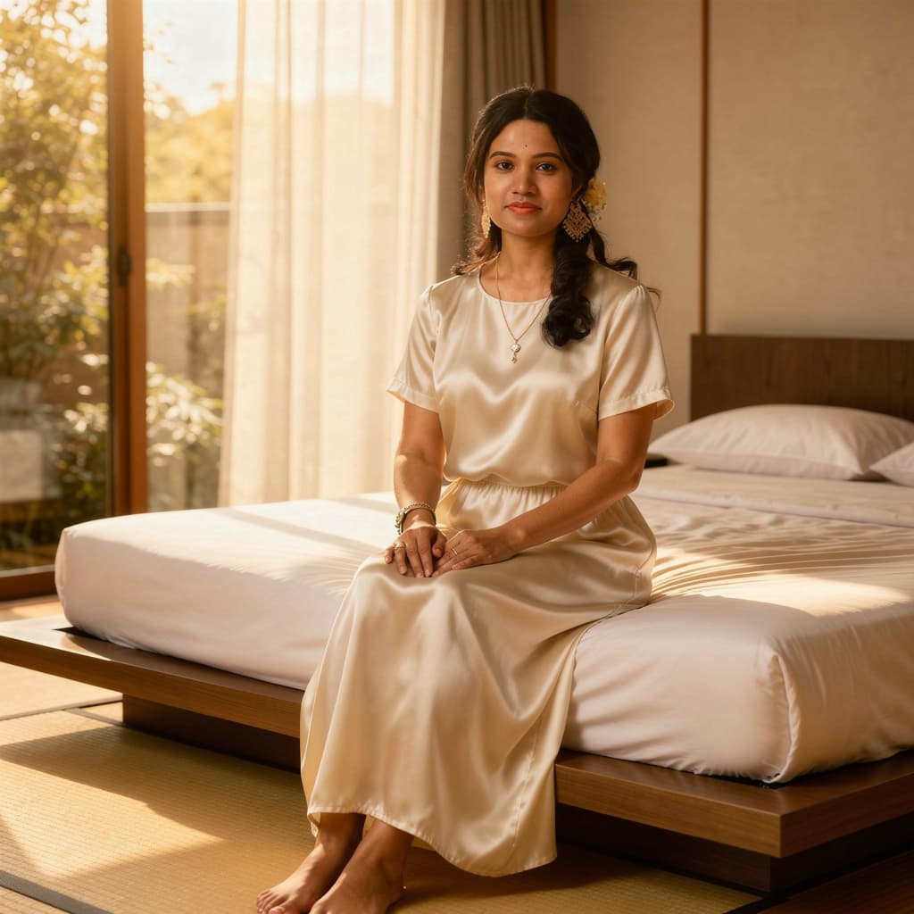 AI generated: In a tranquil minimalist bedroom, a poised woman sits on a low modern platform bed, serene and self ...