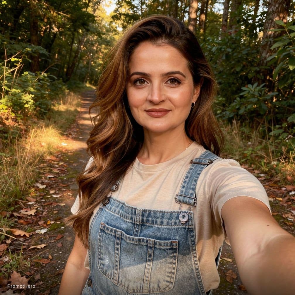 AI generated: Create a high-quality photorealistic render of a fit, topless adult woman taking a selfie in a lush ...