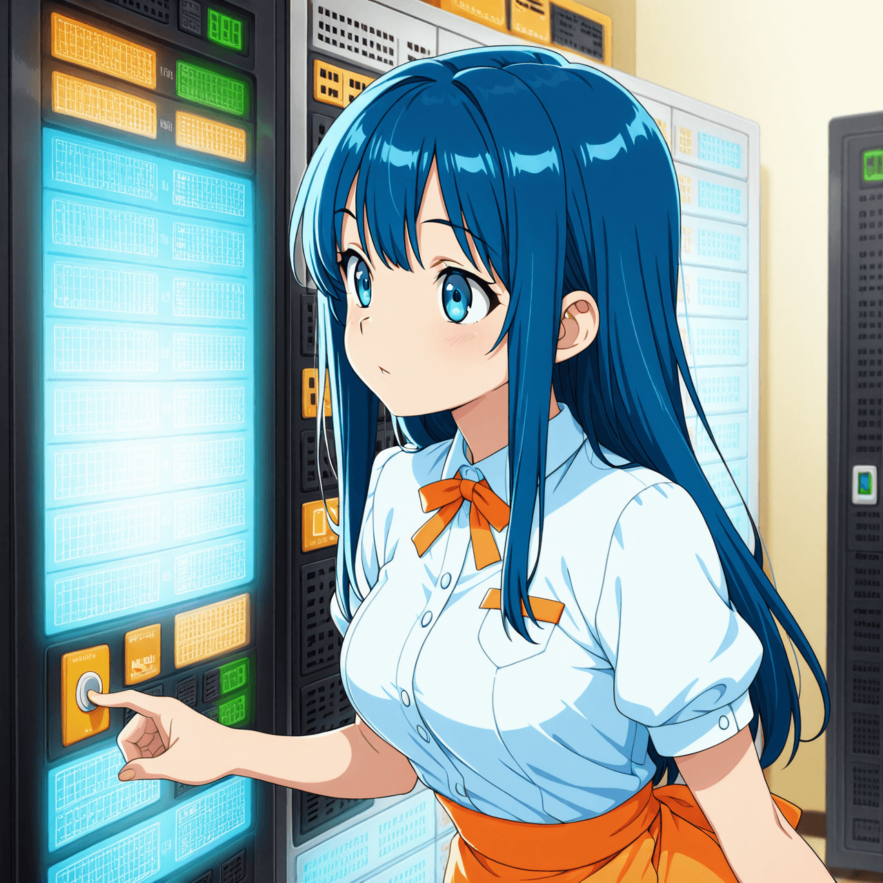 Civitai データセンターでサーバーラックのボタンを長押ししてる少女 / A girl long-pressing the server rack button in a data center
