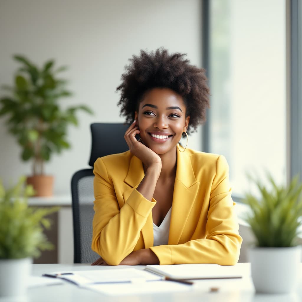 AI generated: a corporate black girl full of grace and cheerfulness, sitting in a office thinking to herself "what...