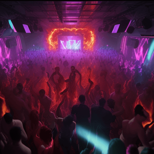 AI generated: Generate a vivid and cinematic description of a surreal scene taking place in a vibrant dance club. ...
