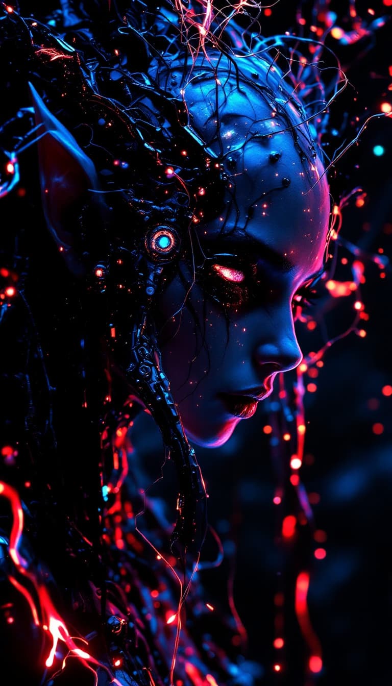 AI generated: surreal black light poster of a intricate portrait of An amazing cyberpunk elven pixie cyborg creatu...