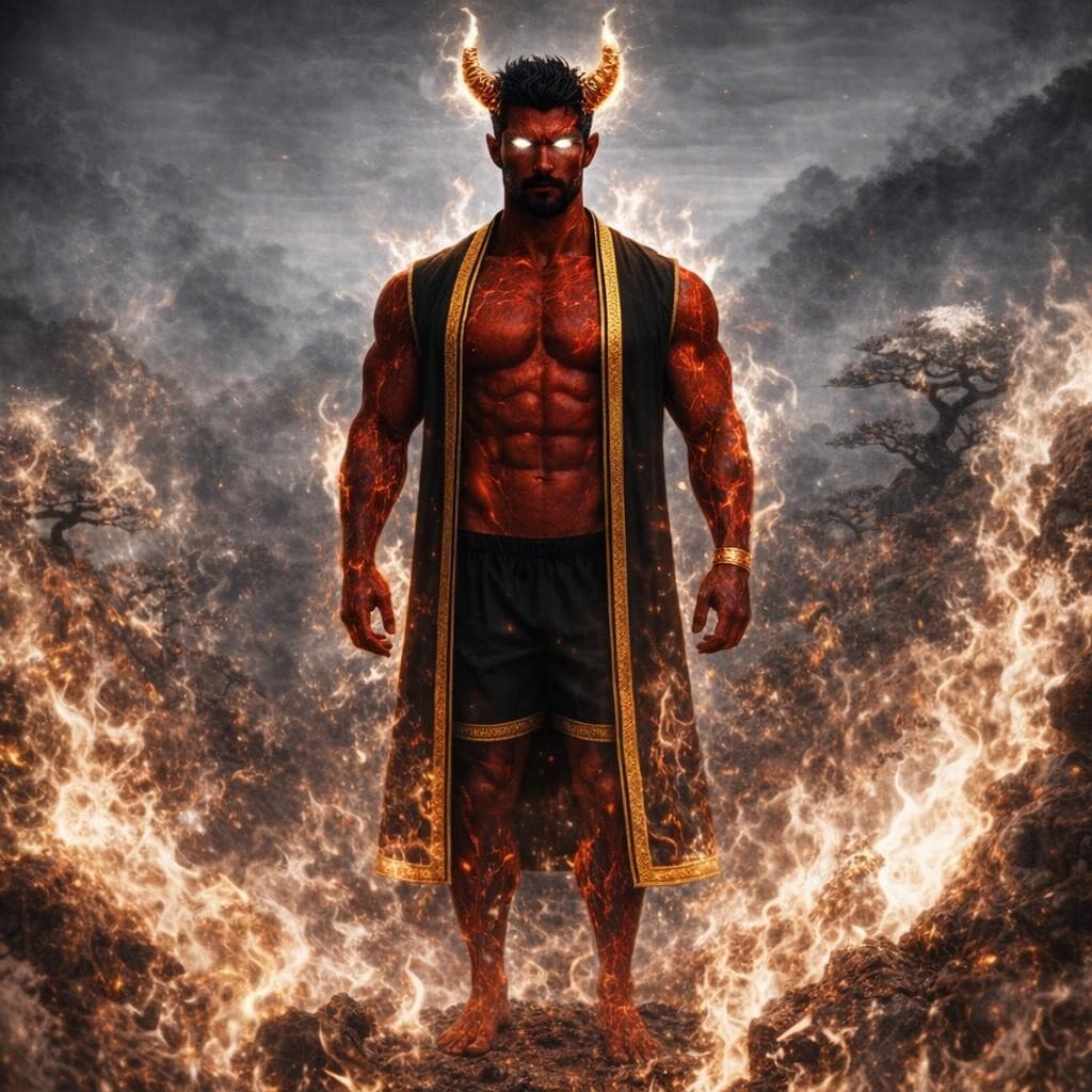 AI generated: Create a demonic version of this man keeping most of the original features using white flames 