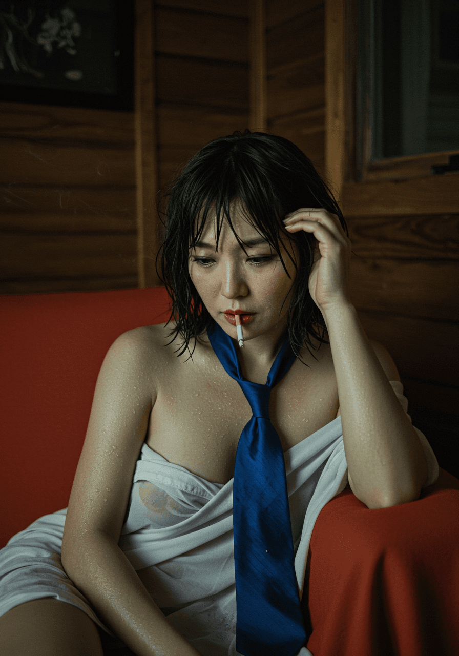 AI generated: korean sweat girl, A hyperrealistic, fine art black-and-white portrait capturing an introspective mo...
