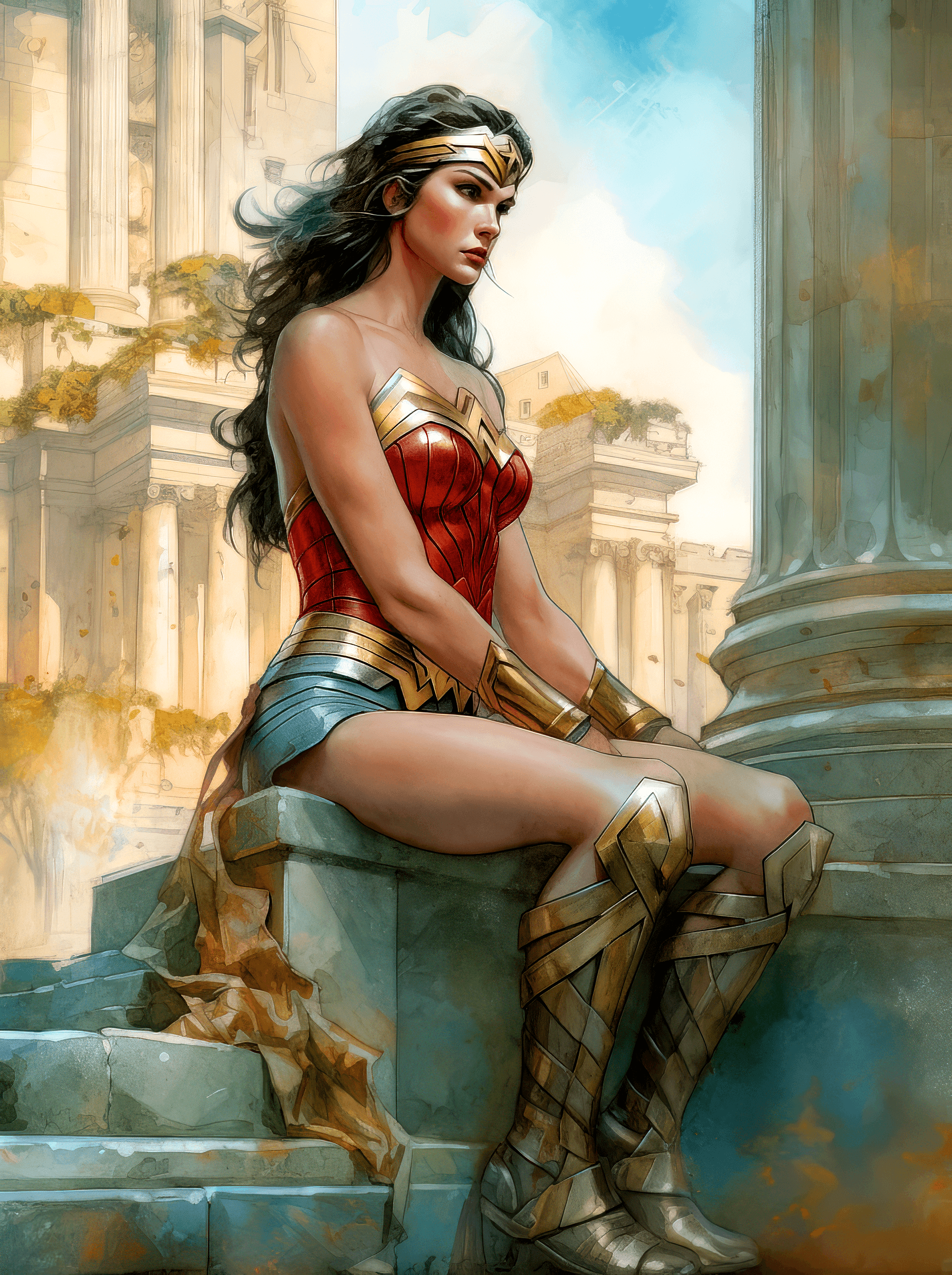 AI generated: wonder woman watercolor drawing by mike hanks, in the style of illusionary architectural elements, s...