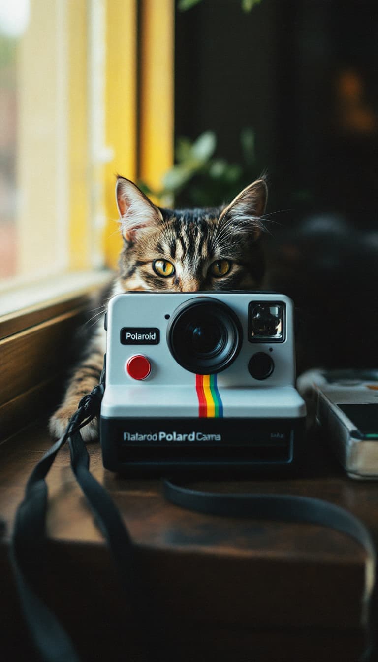 AI generated: polaroid camera, Cat